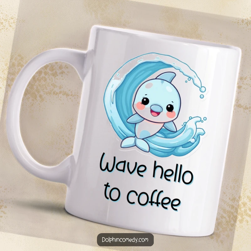 Funny Dolphin Mug shows a cheerful dolphin playfully interacting with a cresting ocean wave, embodying pure joy.