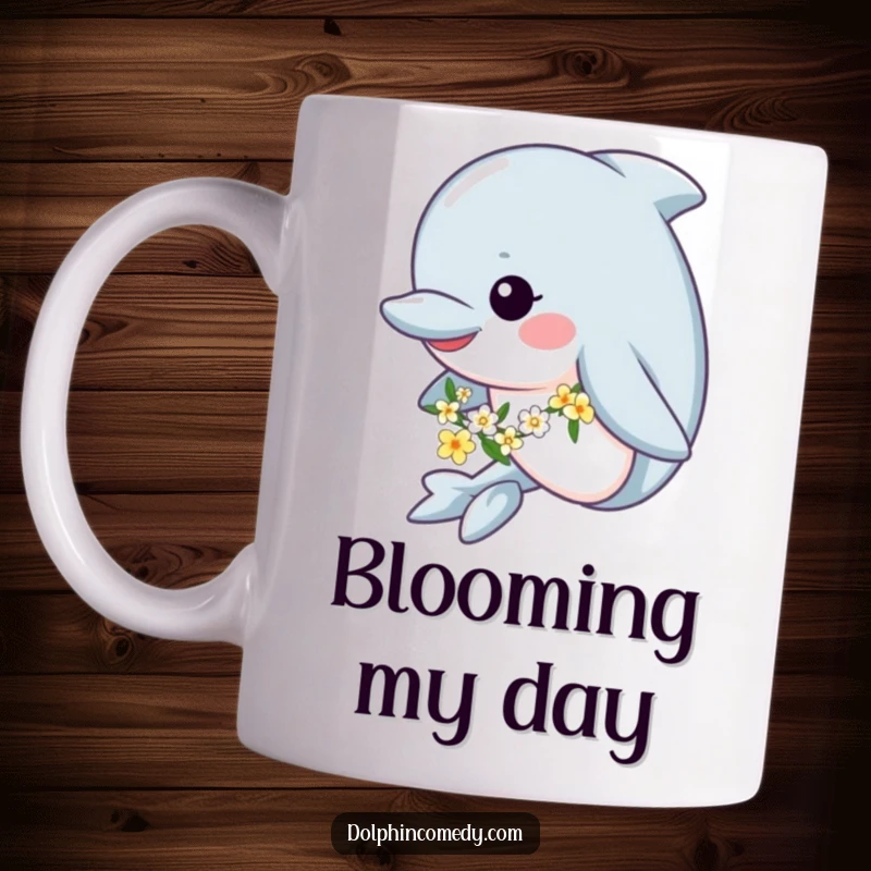 Funny mug featuring a happy dolphin swimming gracefully while wearing a delicate flower garland, exuding cheerful vibes.