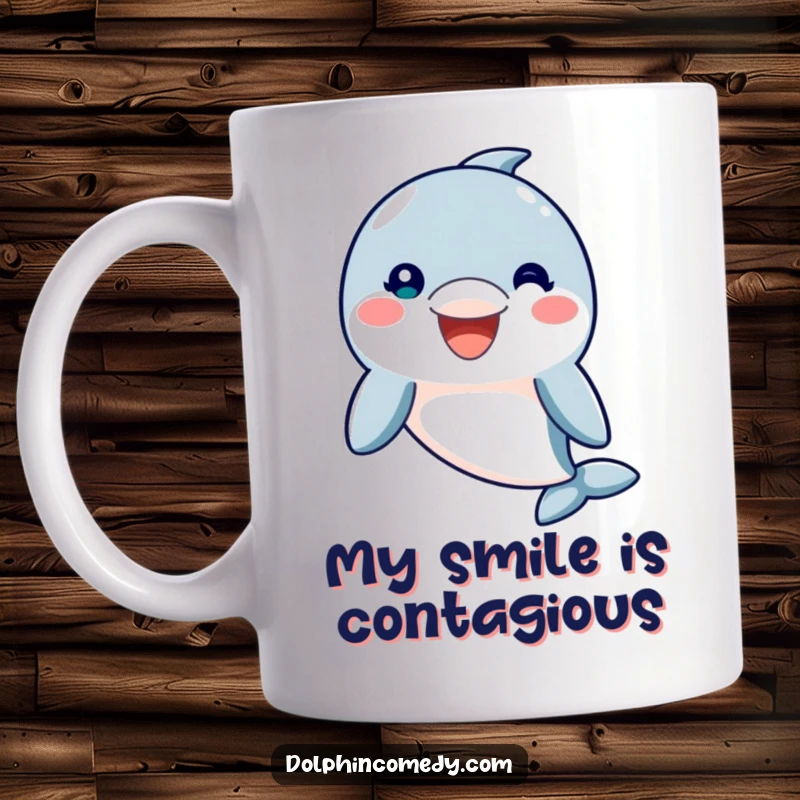 Funny Ceramic Mug featuring a friendly dolphin with a wide, welcoming smile, radiating pure joy and happiness, a perfect gift.