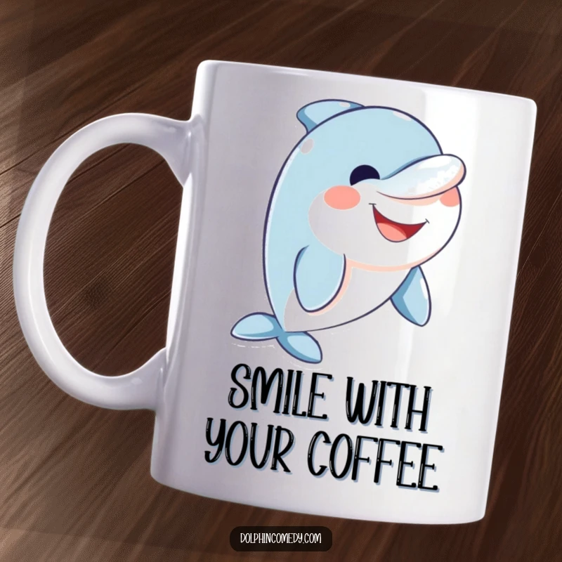 Funny friendly dolphin character with an enormous, genuine smile radiating warmth and approachability.