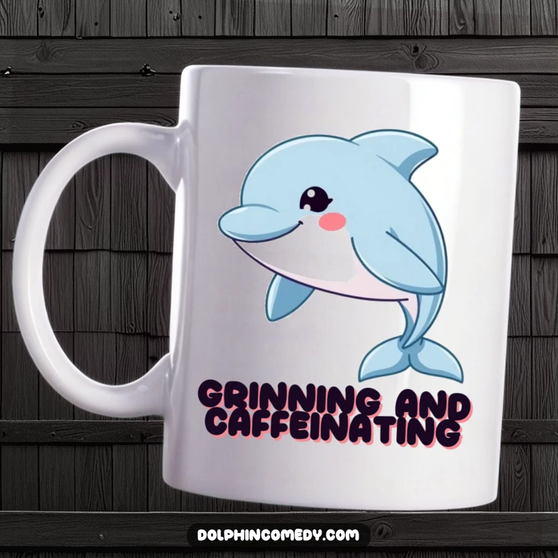 Funny Mug: A dolphin with a huge, friendly grin swims quickly through the water, conveying pure happiness.