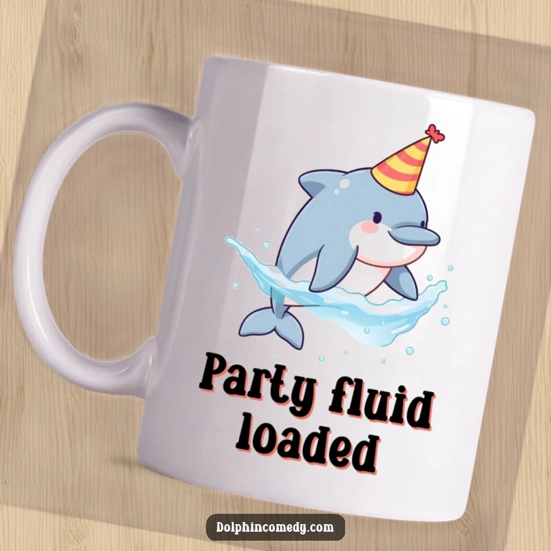 Funny mug featuring a dolphin wearing a party hat, joyfully splashing water with a celebratory expression.