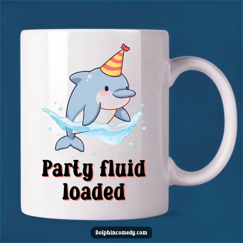 Funny Party Dolphin Mug - Hilarious Dolphin in Party Hat Splashing, Perfect Celebration Gift