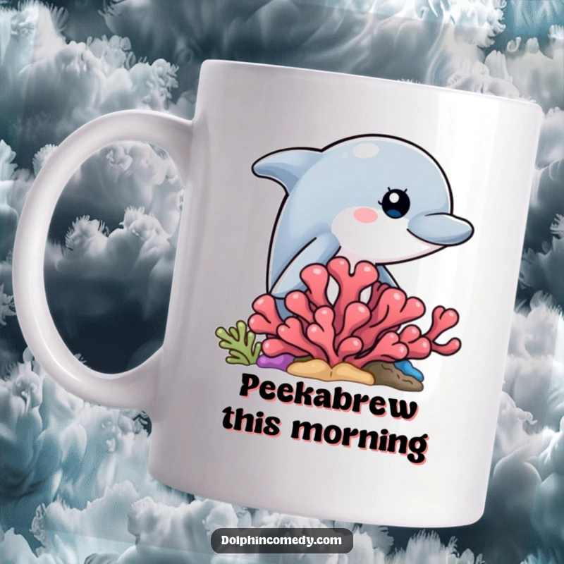 Funny mug depicting a curious dolphin peeking playfully from behind colorful coral reef structures.