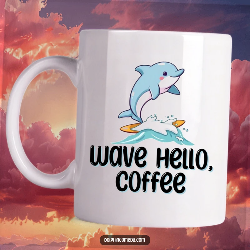 Funny Dolphin Mug shows a dolphin joyfully surfing on a small, friendly wave, radiating happiness and ocean fun.