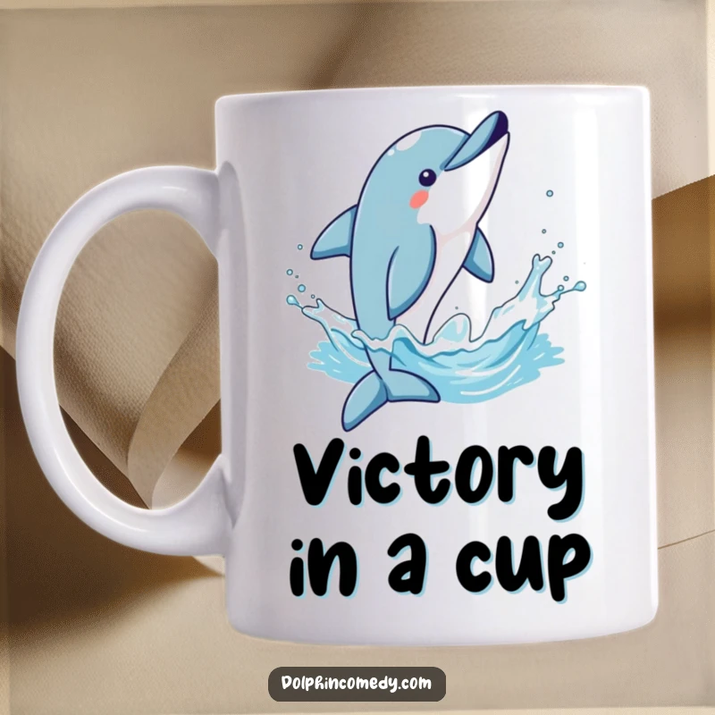 Funny ceramic mug depicting a dolphin performing a triumphant flip, splashing water joyfully into the air.