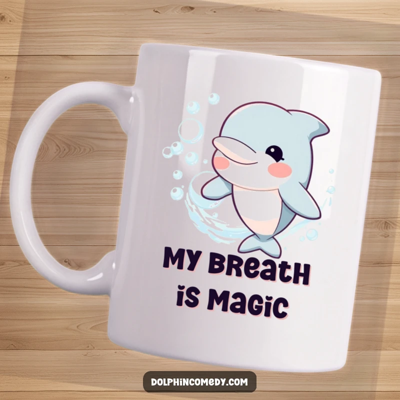 Funny Ceramic Mug featuring a happy dolphin character blowing a perfect ring of bubbles, radiating pure joy and playfulness, a great funny gift.