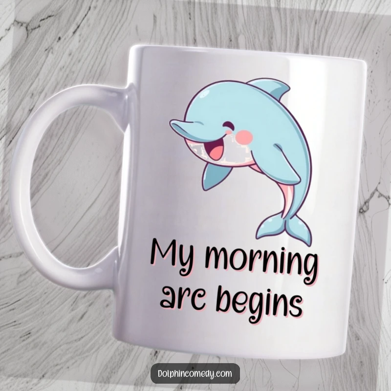 Funny mug showcasing a cheerful dolphin gracefully swimming in a smooth arc, embodying tranquility and joy.