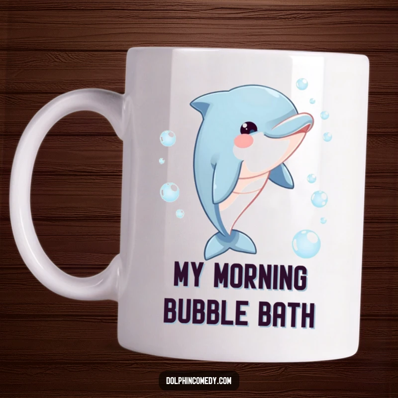 Funny dolphin mug showing a joyous dolphin with a playful gaze, enthusiastically chasing shimmering bubbles in the ocean.