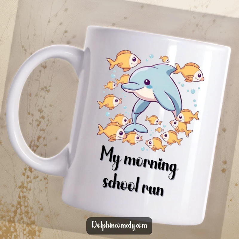 Funny mug featuring a friendly dolphin swimming playfully amongst a school of small, energetic fish.