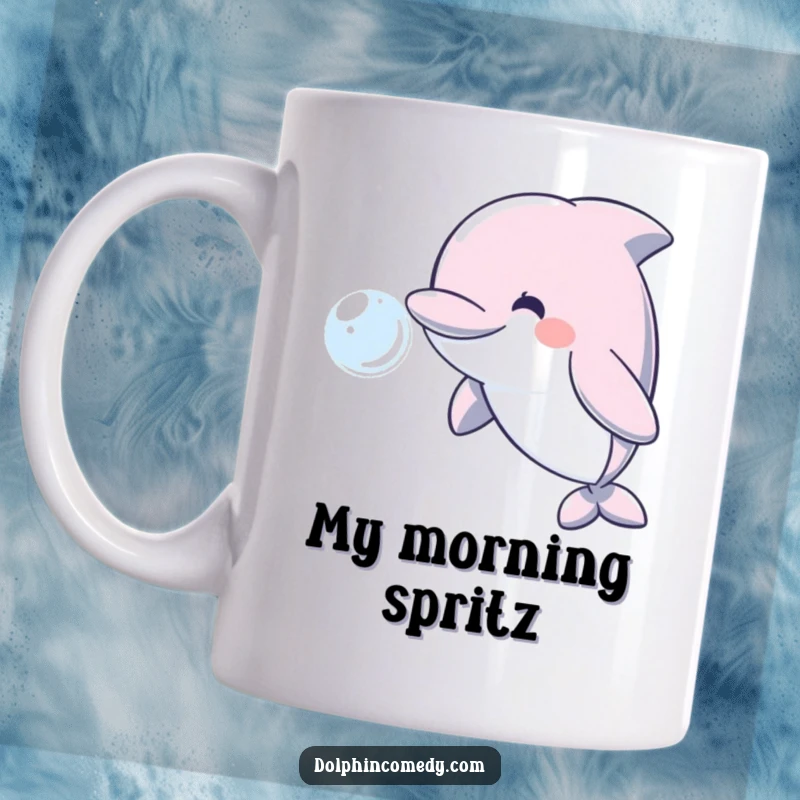 Funny dolphin blowing a giant water bubble with a wide, happy smile, perfect for a coffee mug gift.