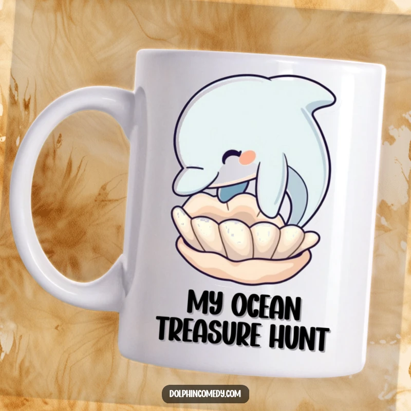Funny Dolphin Mug: Cute dolphin gently nudges a floating seashell, showcasing curiosity and marine charm, a perfect gift.