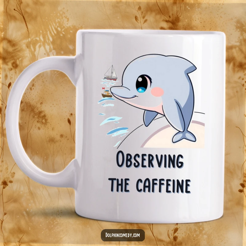 Funny mug with a dolphin possessing large, intelligent eyes, intently watching a boat pass by on the ocean surface.