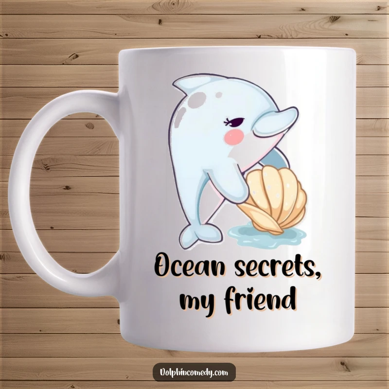Funny dolphin mug with a cute dolphin playfully nudging a seashell, expressing curiosity and joy, perfect for ocean lovers.