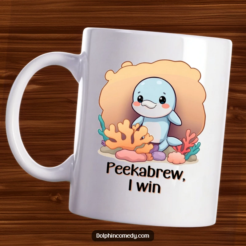 Funny mug featuring a mischievous dolphin peeking playfully from behind a vibrant coral formation, hinting at fun.