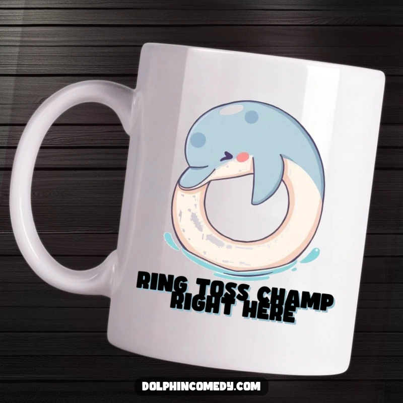 Funny Mug: A cute dolphin cheerfully nudges a bright floating ring in a playful, humorous ocean scene.