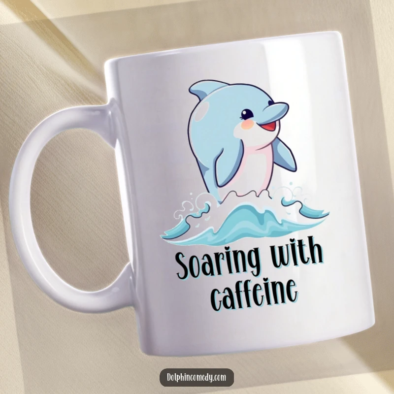 Funny mug showing a dolphin with a wide, joyful expression leaping energetically out of blue ocean waves, capturing pure delight.