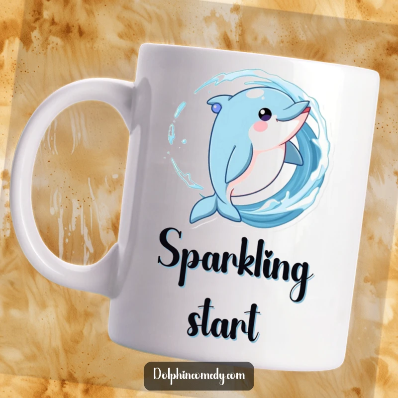 Funny Dolphin Mug playfully twirling in a wave with sparkling eyes, embodying pure ocean joy.