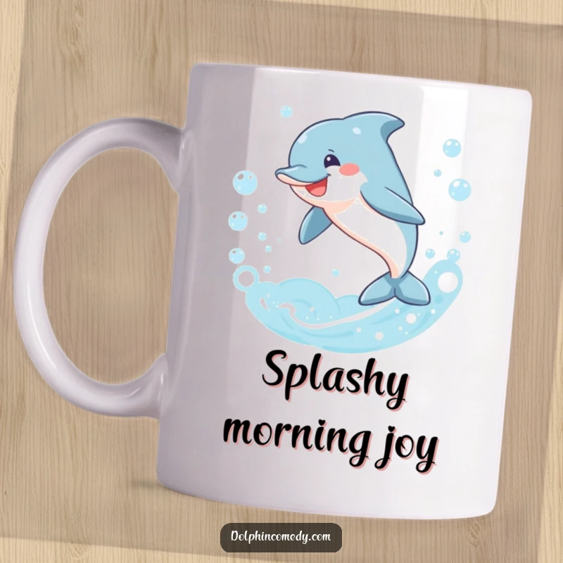 Funny dolphin mug, smiling and leaping through a ring of iridescent bubbles, capturing hilarious underwater magic, perfect funny gift.