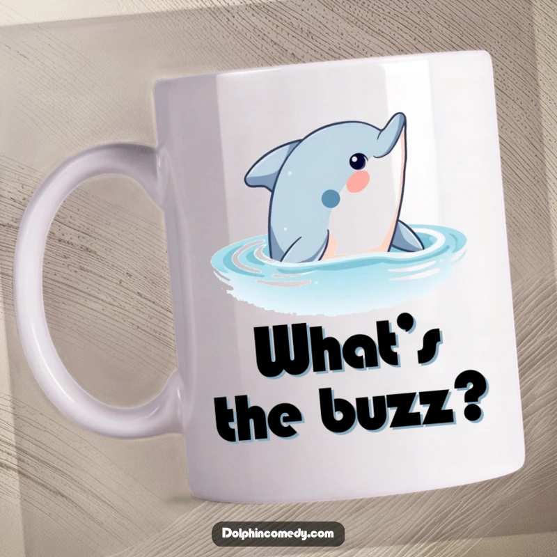 Funny Dolphin Ceramic Mug: A curious dolphin emerges from blue water, looking up with wide eyes, a unique funny gift for ocean enthusiasts.