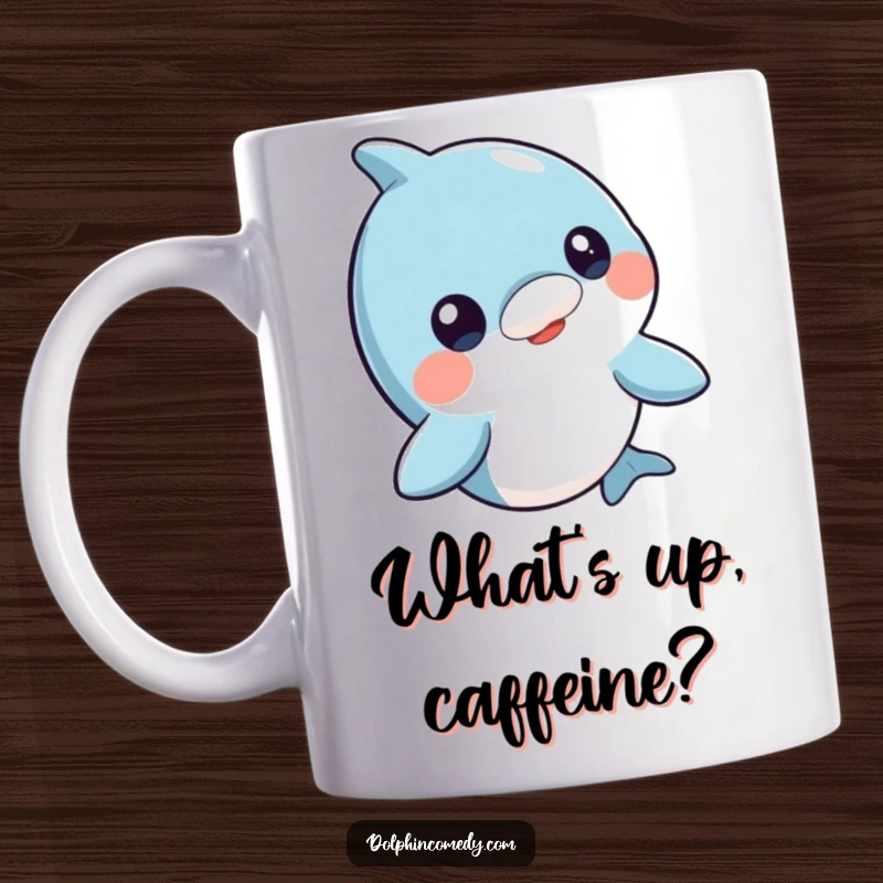Funny curious dolphin mug, head bobbing playfully at the viewer, oceanic charm, perfect gift for sea animal enthusiasts.