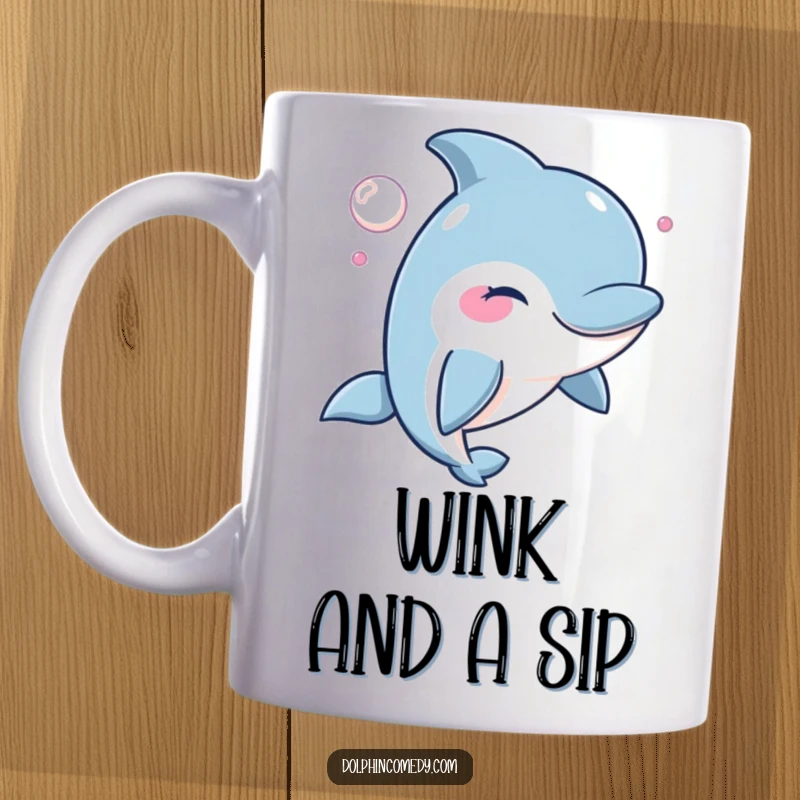 Funny Winking Dolphin Mug showing a dolphin with a mischievous wink and a bubble, adding playful character.