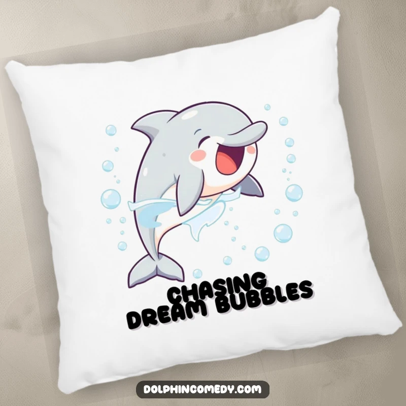 Funny decorative pillow showing a delighted dolphin chasing bubbles, offering comfort and a playful, bubbly charm.