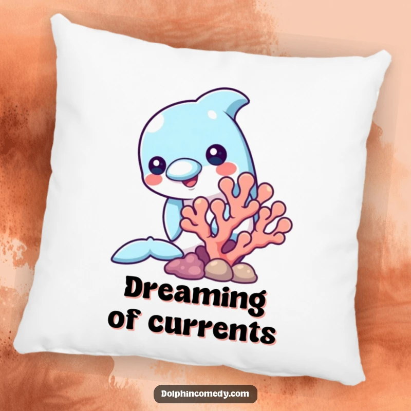 Funny pillow featuring a dolphin curiously peeking from behind a coral formation, designed for comfort and underwater charm.
