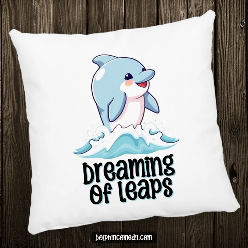 Funny pillow featuring a dolphin with a radiant smile breaching from ocean waves, offering comfort and a burst of happiness.