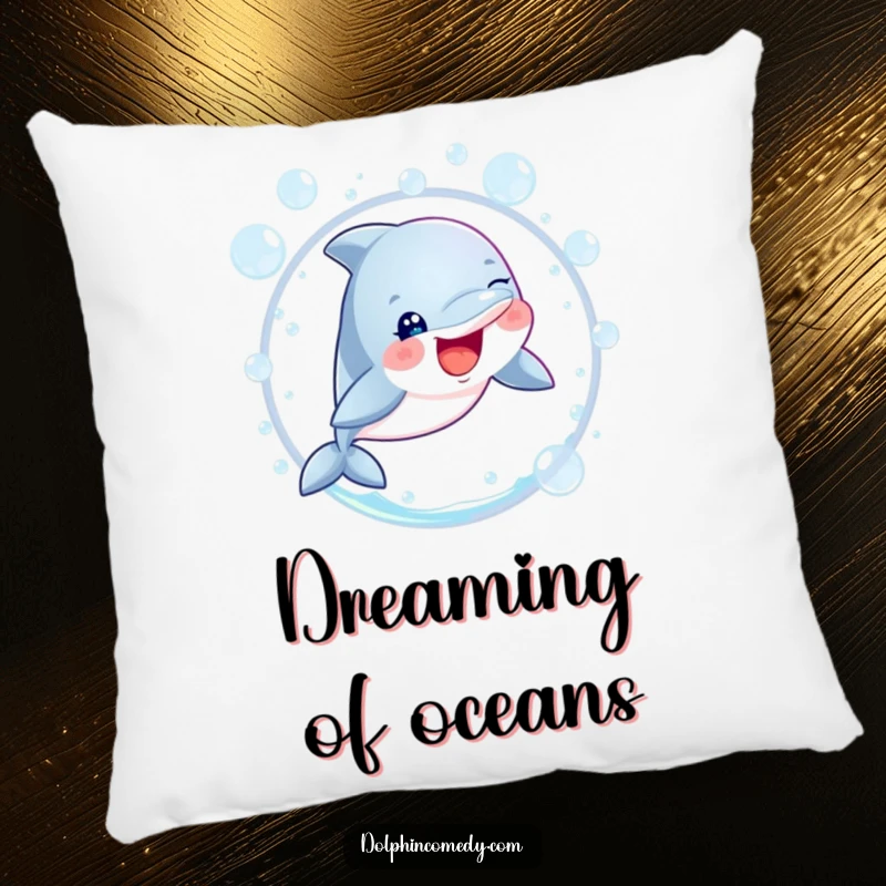 Funny dolphin with sparkling eyes leaping through bubbles, creating a humorous and inviting accent pillow.