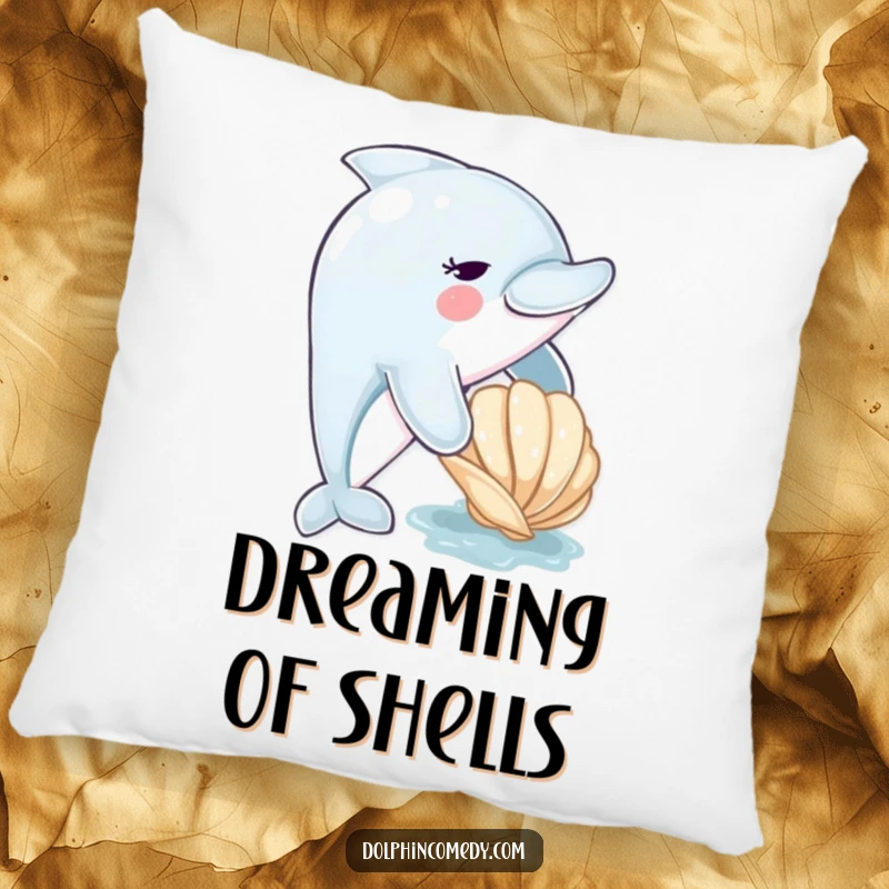 Funny dolphin pillow with a cute dolphin nudging a seashell, offering comfort and a splash of ocean-themed humor.