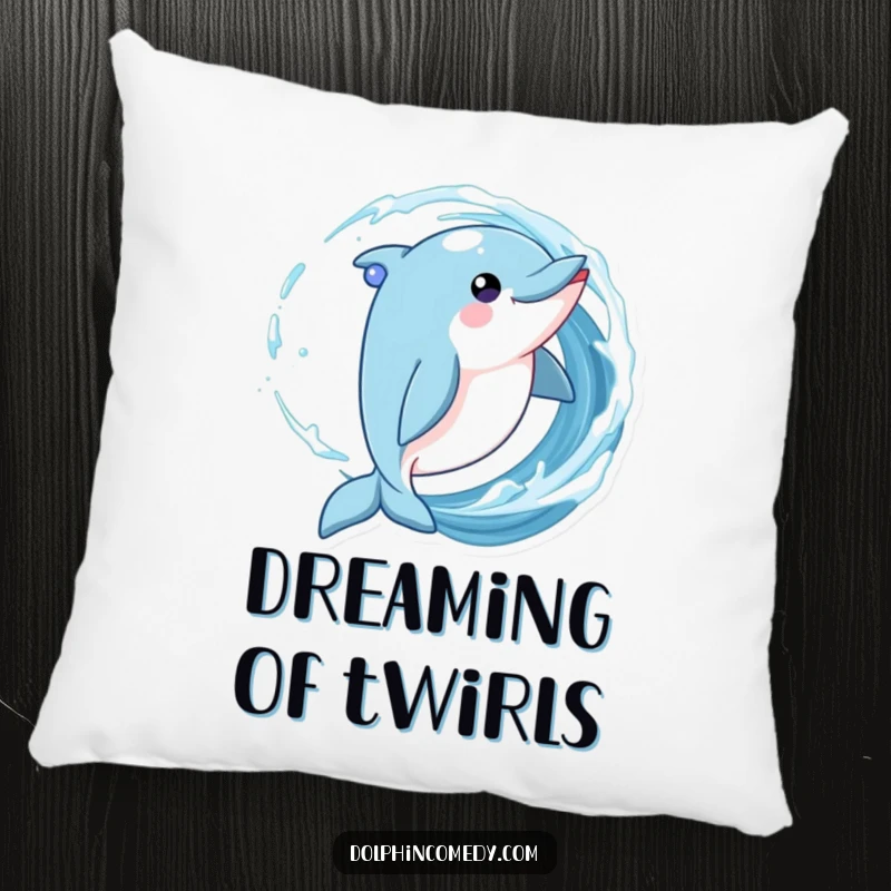 Funny Dolphin Pillow showing a playful dolphin twirling in a wave with sparkling eyes, perfect for comfort.