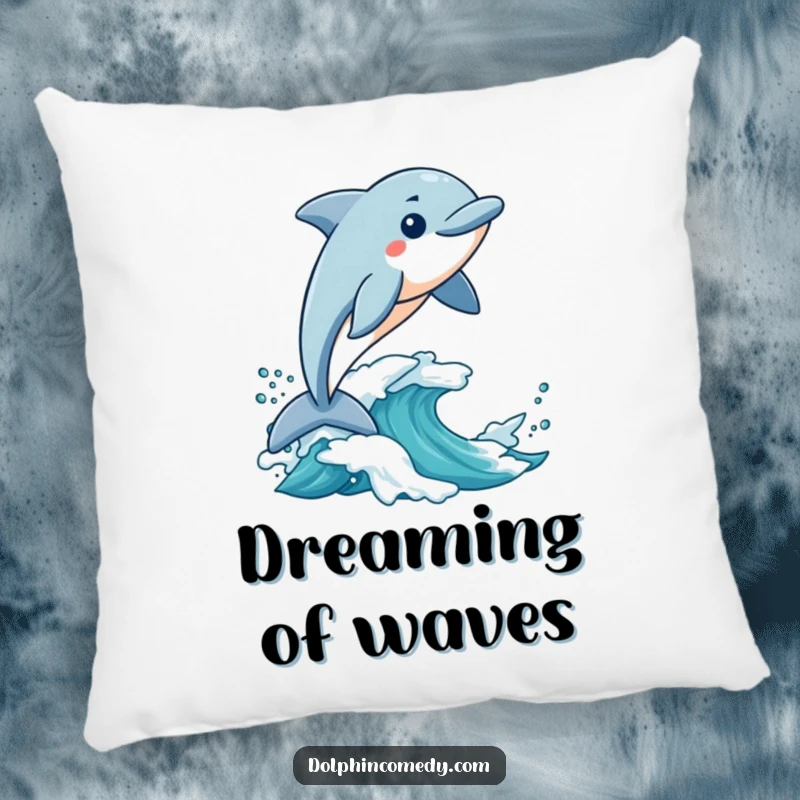 Funny Pillow: A soft cushion featuring a dolphin riding a wave with excitement, adding humorous comfort to any room.