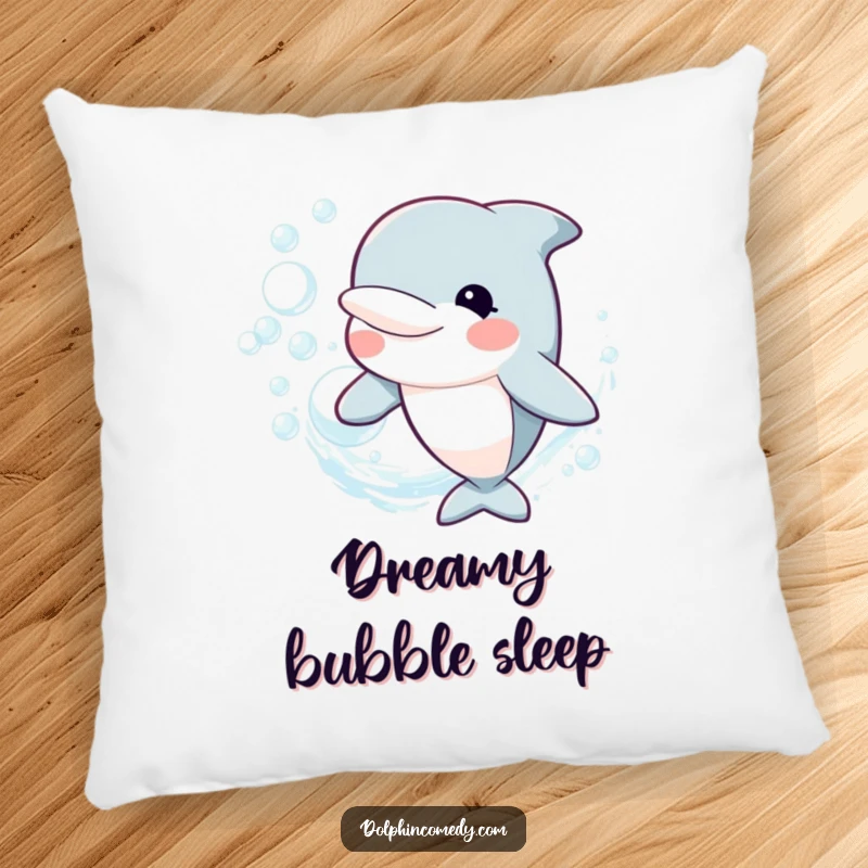 Funny Decorative Pillow featuring a happy dolphin blowing a ring of bubbles, offering comfort and a touch of playful joy, a cute funny gift.