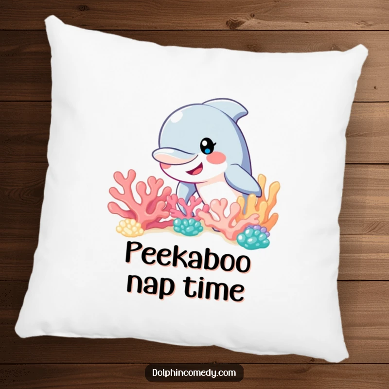 Funny dolphin with a wide, happy smile peeking from behind a coral reef, a soft humorous pillow for snuggle time.
