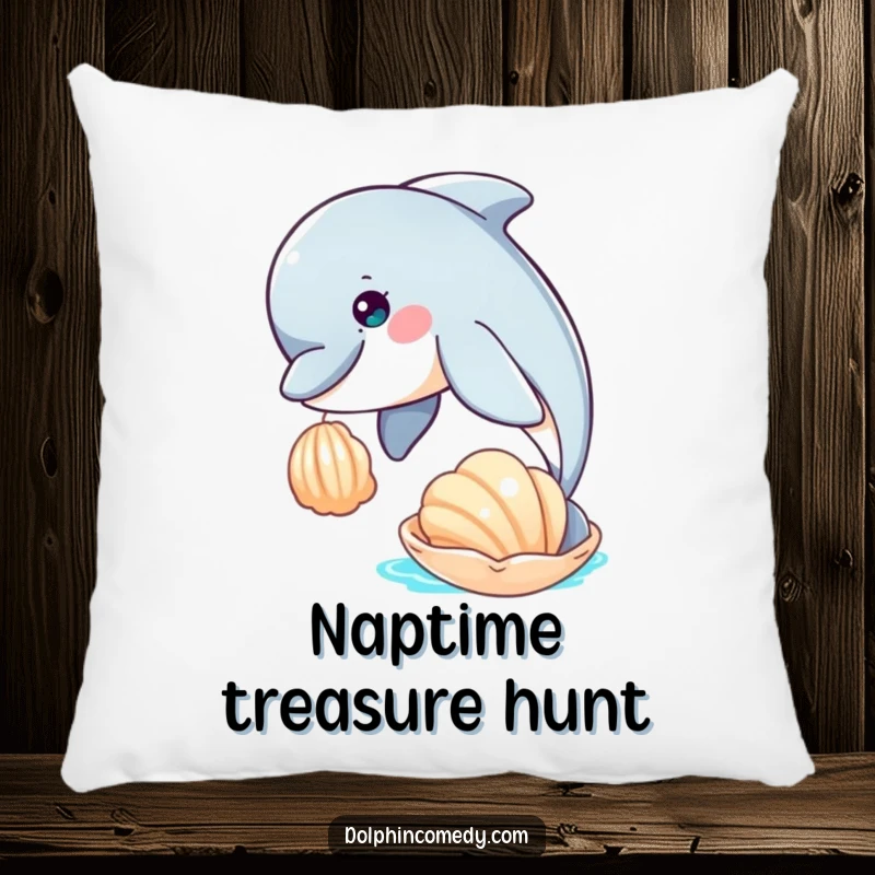 Funny plush pillow featuring a curious dolphin gently nudging a seashell, perfect for adding cozy humor to any seating area.
