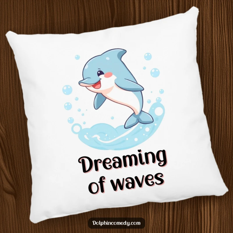 Funny dolphin pillow, smiling and leaping through a ring of bubbles, a cozy and hilarious ocean accent, perfect funny gift.