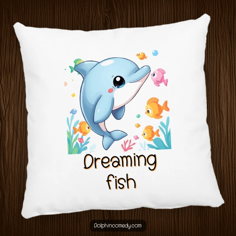 Funny Dolphin Pillow featuring a curious dolphin with wide eyes watching fish, offering plush comfort and a humorous, wonder-filled aquatic theme.