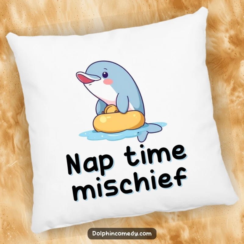 Funny Pillow: A mischievous dolphin playfully nudging an object. Soft and humorous decor for a playful atmosphere.