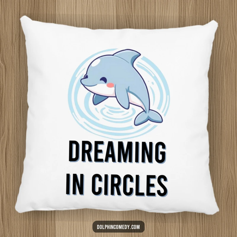 Funny playful dolphin pillow depicting a dolphin swimming in a circle, creating ripples, soft and decorative.