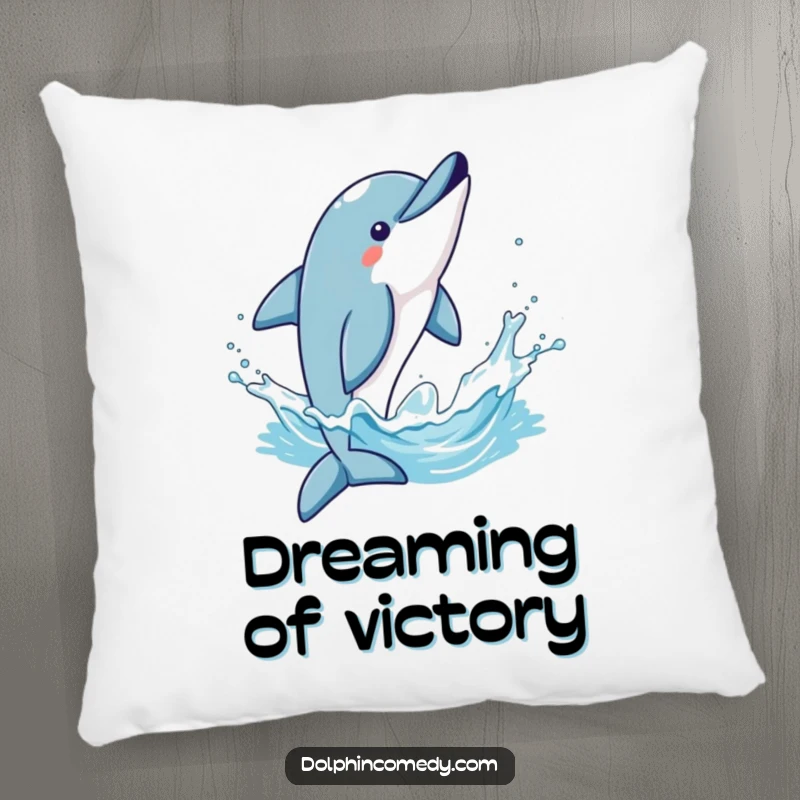 Funny decorative pillow featuring a dolphin in a triumphant mid-air flip, splashing water with joyful abandon.
