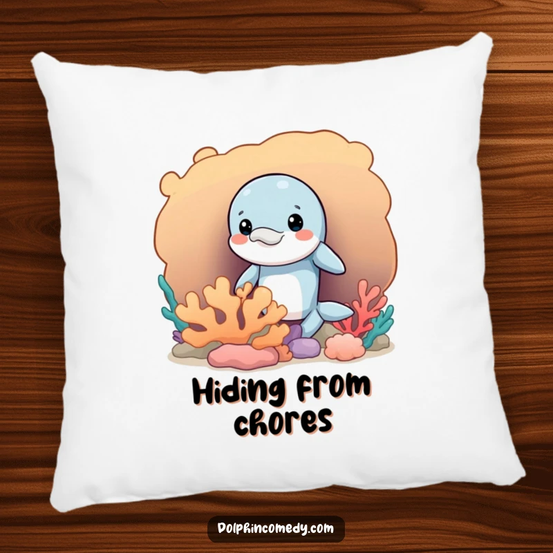 Funny pillow featuring a mischievous dolphin peeking out from behind a coral formation, perfect for adding humorous comfort.