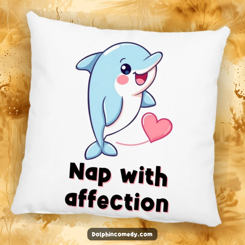 Funny cheerful dolphin with a heart shape trailing behind it, designed for comfort on a soft pillow.