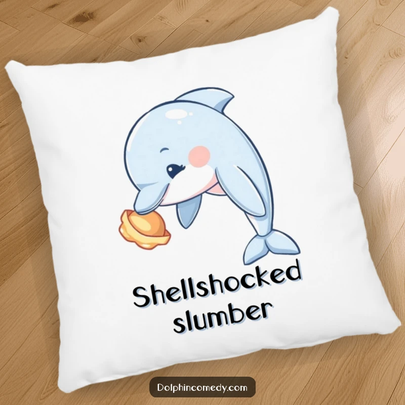 Funny Dolphin Pillow with a curious dolphin tilting its head to examine a shiny seashell, offering comfort and ocean charm.