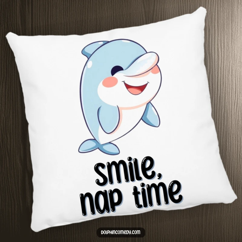 Funny friendly dolphin pillow depicting a dolphin with a wide, friendly smile, soft and huggable.