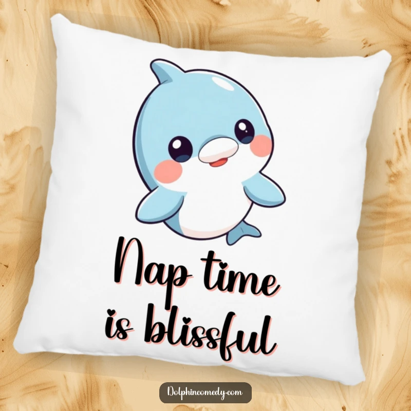 Funny curious dolphin pillow, soft and huggable, head bobbing invitingly, adds humorous comfort to any room.