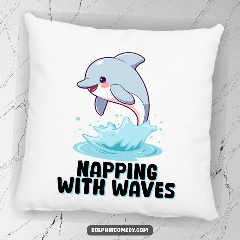 Funny dolphin pillow featuring a happy dolphin leaping with a splash, offering comfort and a touch of oceanic humor.