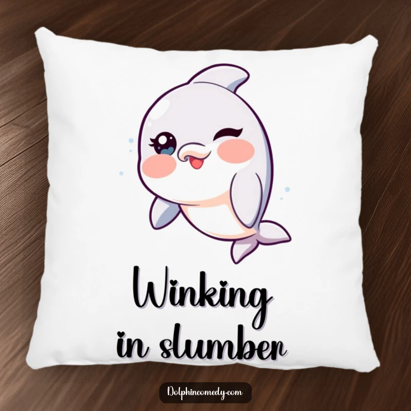 Funny Dolphin Pillow with rosy cheeks, playfully winking, perfect for offering comfort and a touch of humor.