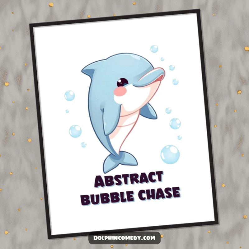 Funny dolphin digital art print of a playful dolphin with an excited gaze enthusiastically chasing a cascade of shimmering bubbles.