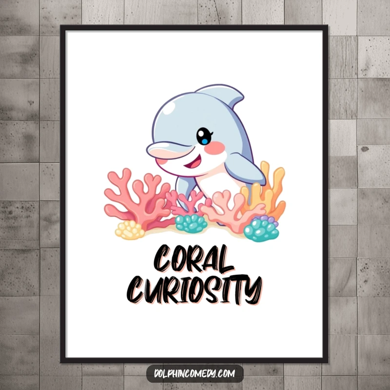 Funny dolphin with a wide, inviting smile peeking from behind a colorful coral reef, a high-resolution digital art print for whimsical decor.